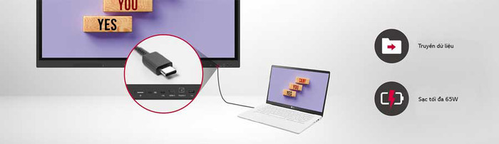 LG CreateBoard dễ dàng truyền dữ liệu qua kết nối USB-C và có thể sử dụng sạc lên đến 65W.